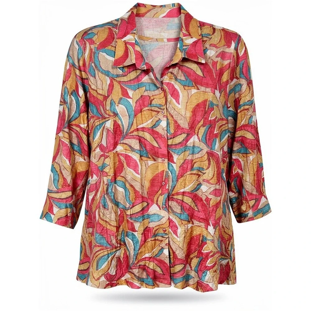 NEW Ali Miles Women's 3X Pink Abstract‎ Leaf Print 2 Pc Set Button Shirt Tank